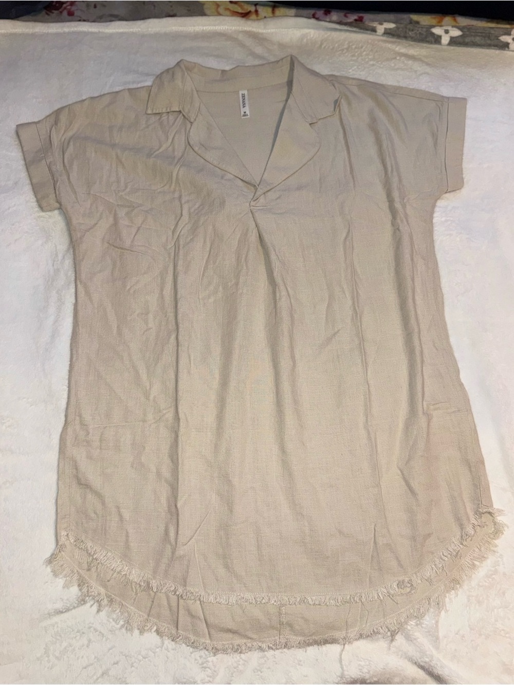 Linen Dress Beige Fringed Short-Sleeve Size Medium